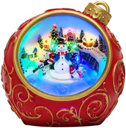 6.3" Animated Musical Christmas Village Figurines with Rotating Skiing Snowman and Lights, Auto 6H Timer and Volume Control, USB-C/Battery Powered Christmas Decorations for Table Decor Xmas Gift