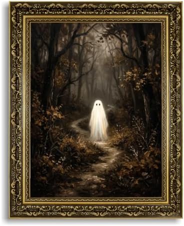 Gold Vintage Framed Ghost In Forest Wall Art, Whimsical Halloween Decor