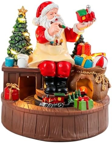 Ipetboom Santa Workshop Rotating Music Box - Resin Christmas Music Box - LED Light Up Musical Ornament for Indoor Festive Party, Holiday Home, Battery Powered Display