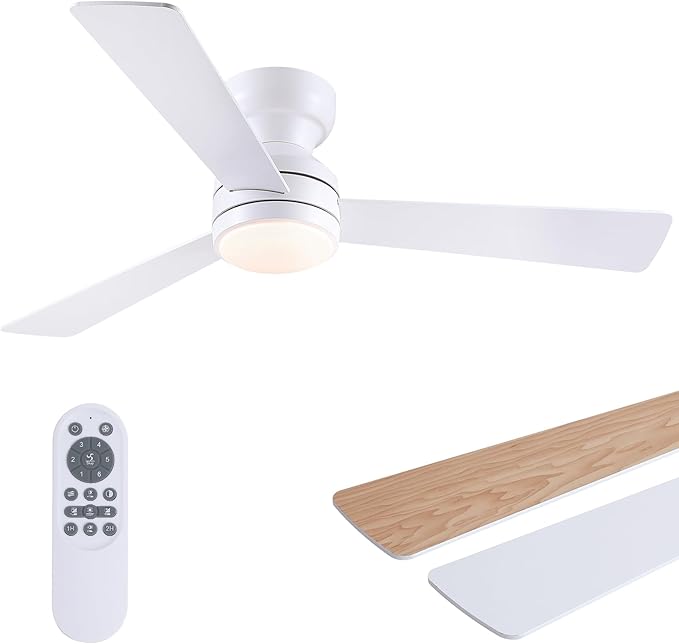 Asyko 46" White Low Profile Ceiling Fan with Light and Remote,Modern Flush Mount Ceiling Fans for Bedroom, Living Room, 6 Speeds, Dimmable, Timer, Quiet Reversible