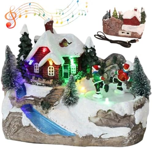 Lighted Christmas Village with Music, Rotating Figurines House 6.3x5.5x4.1 Tabletop Decor