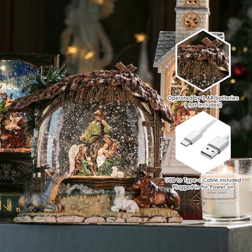 Nativity Snow Globe Music Box Holy Family, Shatterproof Swirling Glitter