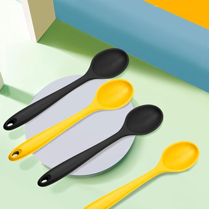 4Pcs Silicone Basting Serving Spoon Silicone Nonstick Mixing Spoon Silicone Spoons for Cooking Heat Resistant Non Stick Serving Spoon for Kitchen Cooking,Baking,Stirring (Black+Yellow)