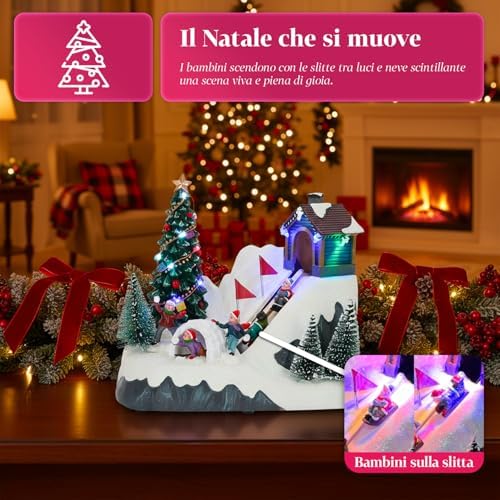 Avilia Glimmerpine Animated Christmas Village with Moving Ski Track, Warm LED Lights and Christmas Music, Hand Painted Decoration for Home or Unique Holiday Gift