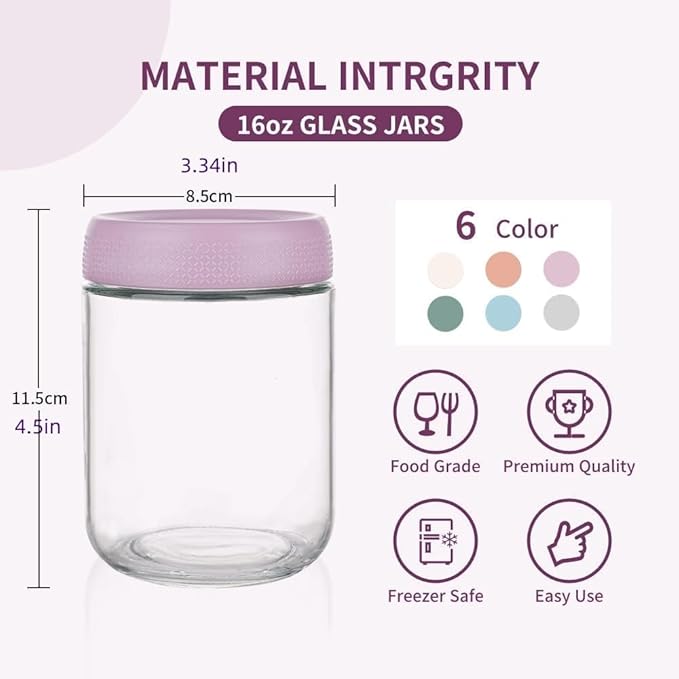 Glass Jars with Plastic Lids [Set of 6], Canisters with Airtight, Glass Food Storage Containers for Coffee, Sugar,Tea, Candies, Cookies
