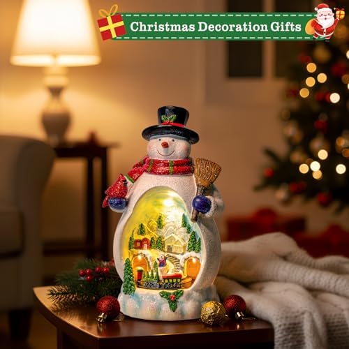 ZQQLITE Animated Collection Figurines Musical Christmas Snowman &Cardinal Village Houses with Rotating Train, Lighted Christmas Collection Figurines for Home Tabletop Decorations Ornaments Gifts
