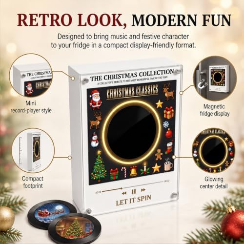 Refrigerator Music Player, Magnetic Refrigerator MP3 Music Box with 9 CDs, Rotating Vinyl Disc, LED Ambient Light, USB-C Customizable Song Player, Christmas Kitchen Decor Gift