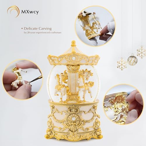 Carousel Music Box Gold & Ivory Christmas Snow Globes, 8.3" Rotate Carousel Snow Globe for Kids & Adults, Classic Wind up Musical Snow Globe Birthday Gifts for Women Girls, Carousel Horse Home Decor