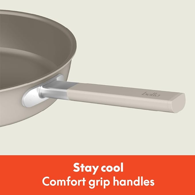 bella 9 Piece Ceramic Nonstick Cookware Set, Fits-anywhere™ Kitchenware w EverGood™ Coating, Dishwasher & Oven Safe, All Stovetops Compatible, Stackable Design, Cool Touch Handles, Oatmilk