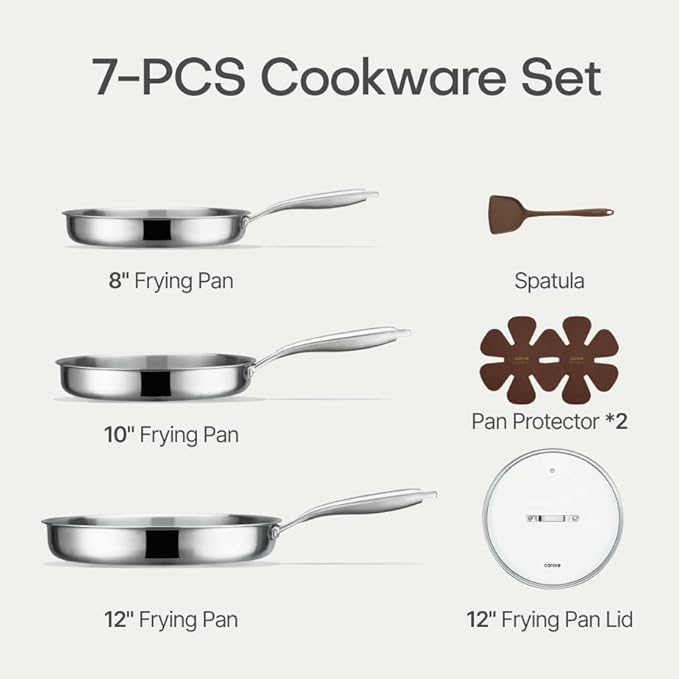 CAROTE 7-Piece Tri-Ply Stainless Steel Frying Pan Set, Skillet Set 8"/10"/12", Induction Compatible, Oven & Dishwasher Safe, Silver Handle