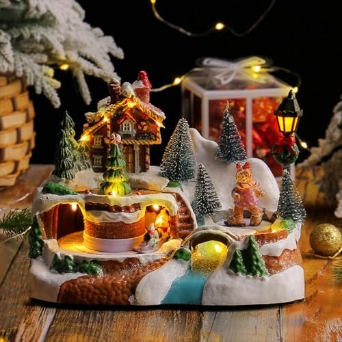 LED Light Christmas Village Scene with Rotating Train Musical Lighted Collection Figurines for Home Decors Musical Village Houses Figurine