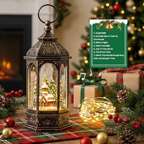 Christmas Snow Globe Lantern Lighted Church Musical Snow Water Lantern Swirling Glittering Home Decoration and Gift, Battery Operated or USB Powered