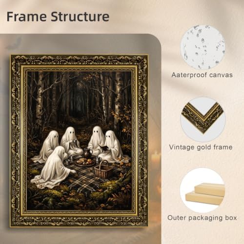 Gold Vintage Framed Ghost Picnic Wall Art, Whimsical Halloween Forest Print