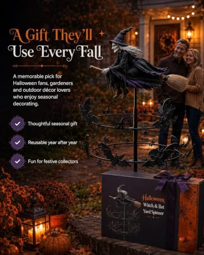 The Enchanted Witch Garden Wind Spinner, Halloween Outdoor Metal Yard Stake with Flying Witch and Bat Rings, Kinetic Yard Decor for Lawn, Patio, Front Porch and Seasonal Garden Display