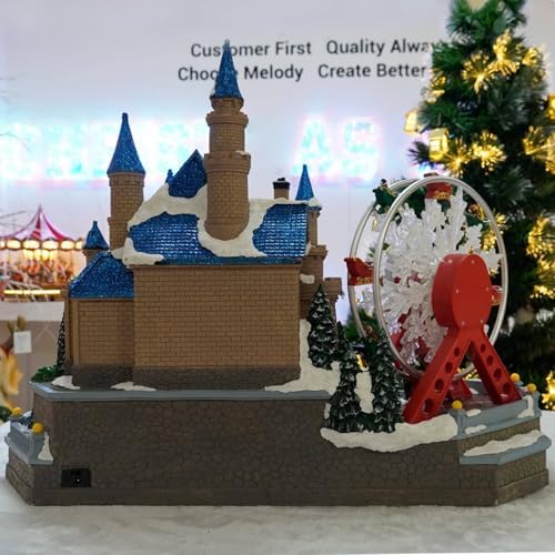 Christmas Village House, with Flying Reindeer, Rotating Christmas Tree,Animated Christmas Village, Carousel and Ferris Wheel, LED Lights 59x37x47cm