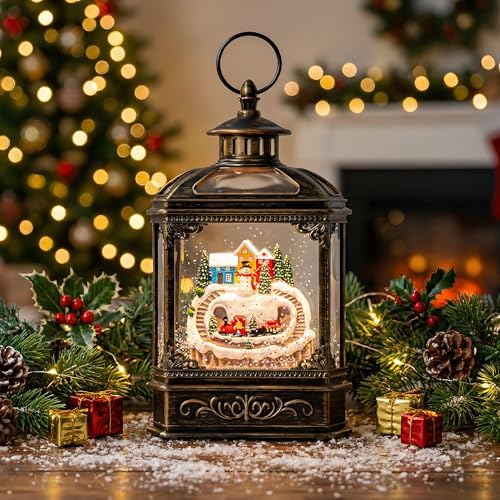 VISFLAIR Christmas Village Snow Globe Lantern Musical Lighted Mountain Village Snowman & Train Water Lantern in Swirling Glitter, Christmas Home Decoration and Gift, Battery Operated or USB Powered