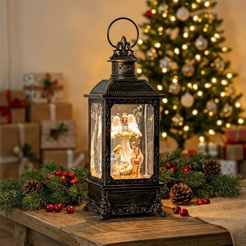 VISFLAIR Christmas Snow Globe Lighted Angel & Nativity Scene, Musical Water Lantern in Swirling Glitter, Battery Operated or USB Powered Holiday Decorations Gifts for Family, Children or Friends