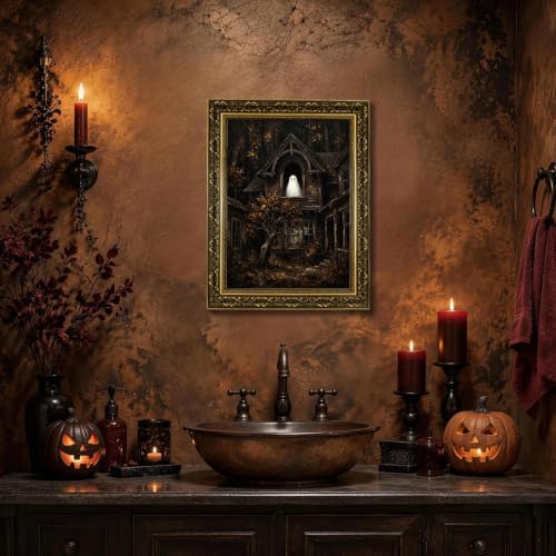 Gold Vintage Framed Ghost In Window Wall Art, Spooky Halloween Home Decor