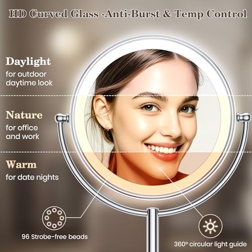 VESAUR 11.8" Extra Large 17" Tall Lighted Makeup Mirror, 1X/5X/10X 3-Sided Magnifying Mirror with 96 LEDs, 3 Color Dimmable Lights, 360° Swivel Dual Power Vanity Mirror, Silver Nickel Luxury Gift Box