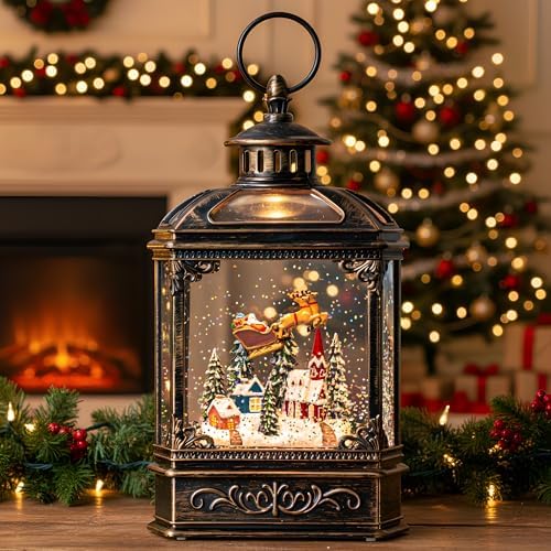 VISFLAIR Christmas Snow Globe Lighted Church & Flying Santa Scene, Musical Snow Water Lantern Swirling Glittering Home Decoration and Gift, Battery Operated or USB Powered