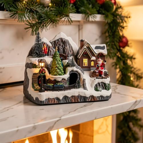 Cabilock Lighted Resin Christmas Village W/Dual Rotating Train, Led & Music
