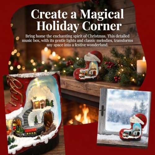 ARTIBETTER Santa Boot Music Box with Lighted Miniature Village & Rotation Train Animated Christmas Table Decoration for Living Room, Holiday Centerpiece, Gifting