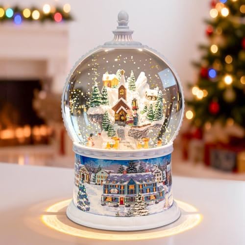 DGSCAK Large Carousel Snow Globe, Lighted Glitter Christmas Village with Santa Elk Sleigh, Musical Snow Globe 8 Songs, 6H Timer, USB or Battery Powered, Holiday Table Décor