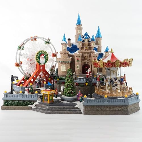 Christmas Village House, with Flying Reindeer, Rotating Christmas Tree,Animated Christmas Village, Carousel and Ferris Wheel, LED Lights 59x37x47cm
