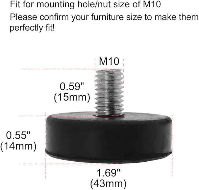 uxcell M10 x 15 x 43mm Leveling Feet Adjustable Leveler Floor Protector Round Base for Furniture Chair Table Leg 24 Pack