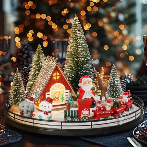 Oroyutor 12-Piece Christmas Village Centerpiece with 13-Inch Oak Lazy Susan