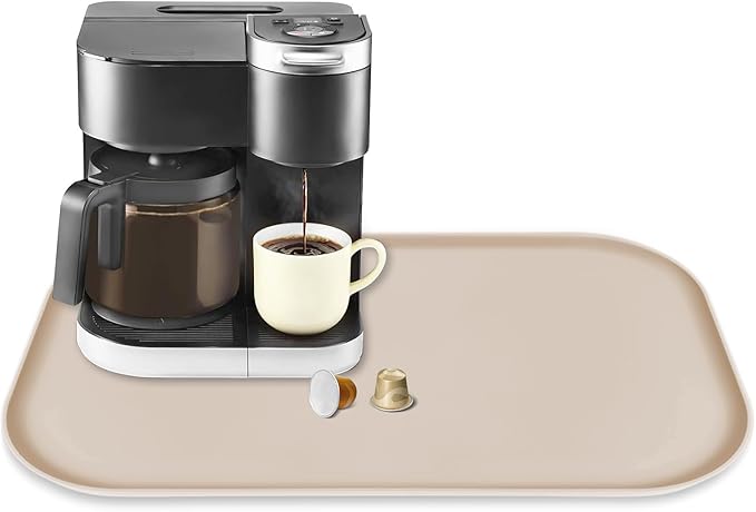 TOHONFOO Silicone Coffee Maker Mat with Lip, 24'' x 16'' Heavy Duty Coffee Maker Mat for Countertops, Coffee Tray Fit Under Coffee Machine Appliance Automatic Machines Espresso Accessory, Khaki