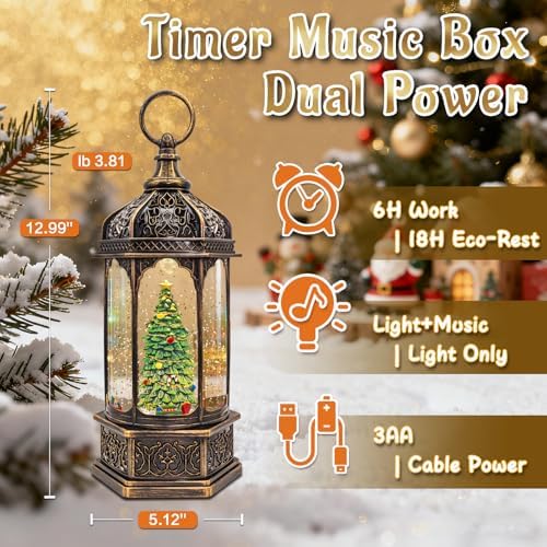 DGSCAK Lighted Musical Christmas Snow Globe Lantern, 11.6" Rotating Christmas Tree Snow Globe with 8 Songs, 6H Timer, Hanging Ring, Bronze Musical Box Decor