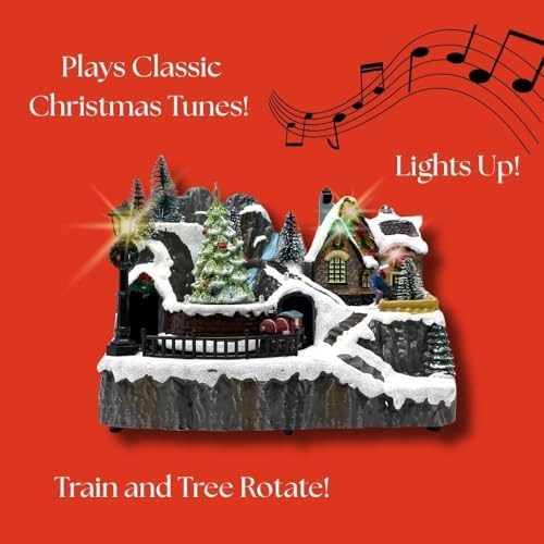 allgala Christmas Village House with Train Crafted Polyresin Christmas House Collectable Figurine with USB and Battery Dual Power Source-Moving Train and Tree-XH93446