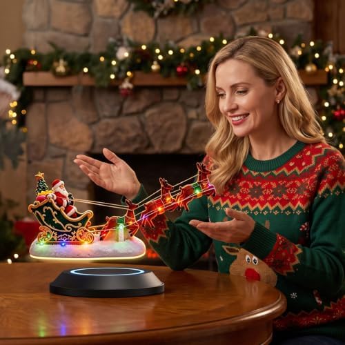 Floating Santa Sleigh with Reindeer, Magnetic Levitation LED Ornament