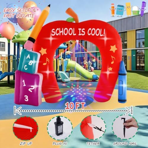 10FT Back to School Inflatable Arch Outdoor Decoration with Color Rotating Lights, Waterproof Blow Up Apple Yard Lawn Patio First Day of School Party Decorations for Kindergarten Elementary School