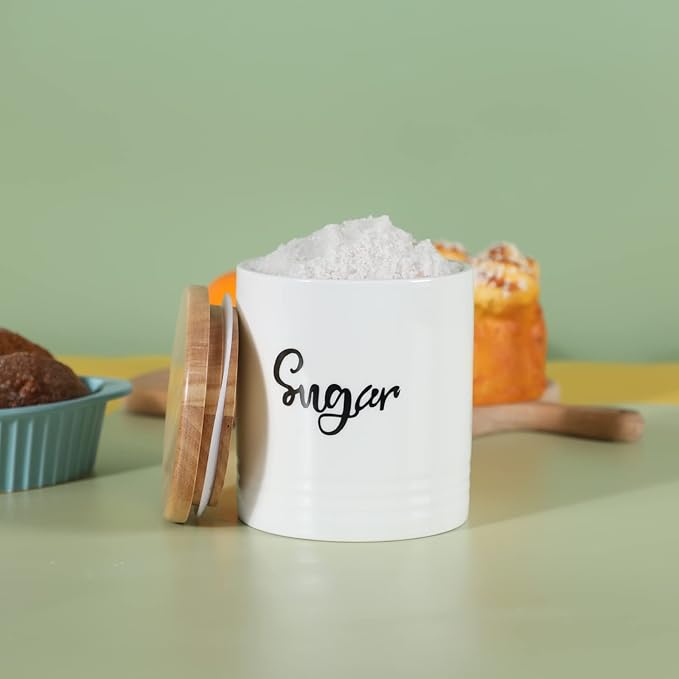 LEETOYI Porcelain Food Storage Containers with Lid, Small Size Design & Saves Space, 4.5 Inch White, Labeled Sugar