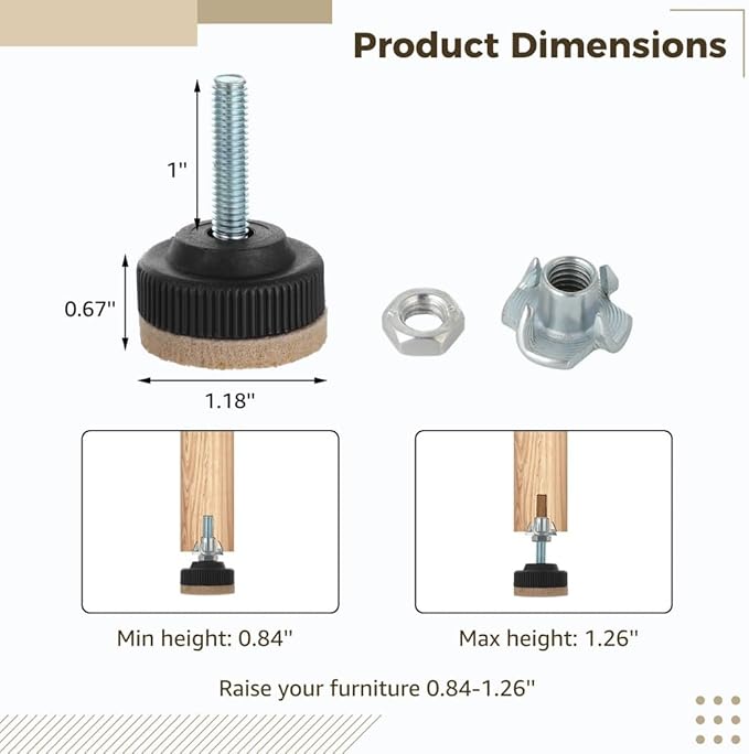 24-Pack Adjustable Furniture Levelers With Lock Nut, Felt Protectors, And Heavy-Duty Screw-In Legs For Tables, Chairs, Sofas