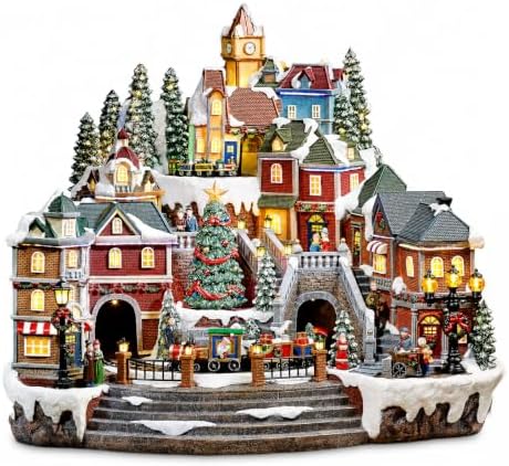 MOMENTS IN TIME Animated Christmas Village Scene with Rotating Train LED Lighted Houses Snow Covered Town Display Holiday Tabletop Decor with Christmas Tree and Figurines