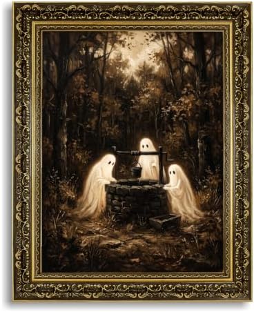 Gold Vintage Framed Ghost Wall Art, Spooky Halloween Forest Print