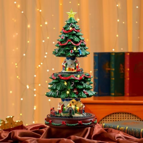 Musical Christmas Tree Display with Warm Lights, USB or Battery Use, Resin Holiday Figure for Desk Shelf Home Styling an
