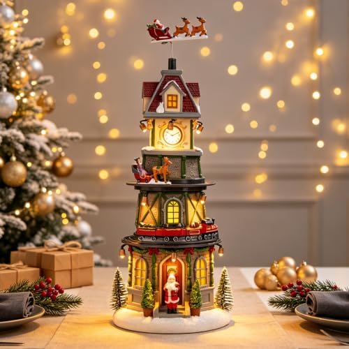 MUMTOP Christmas Village Clock Tower with Animated Reindeer, Light Up Bell Tower and Moving Train with Music for Indoor Holiday Xmas Tabletop Decor