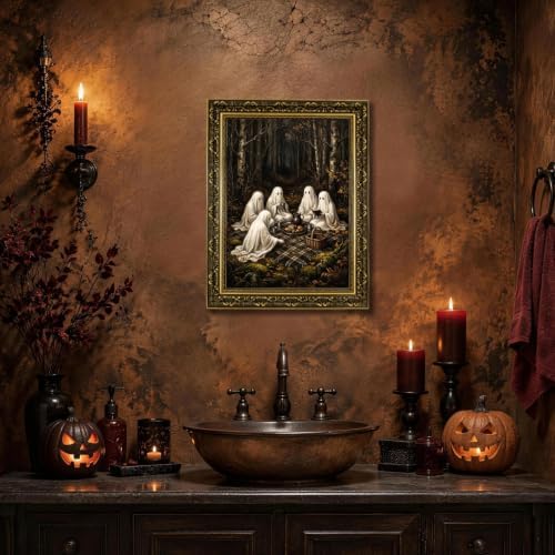 Gold Vintage Framed Ghost Picnic Wall Art, Whimsical Halloween Forest Print