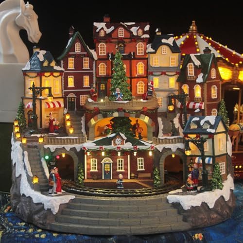 Christmas Village Buildings with Rotating Train and Rotating Christmas Tree with Color LED Lights and Christmas Music for Indoor Holiday Xmas Tabletop Decor