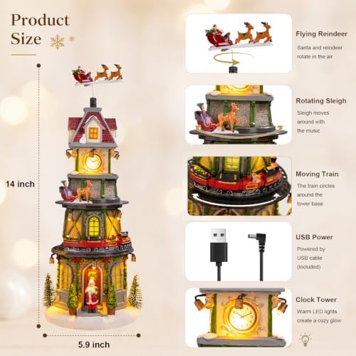MUMTOP Christmas Village Clock Tower with Animated Reindeer, Light Up Bell Tower and Moving Train with Music for Indoor Holiday Xmas Tabletop Decor