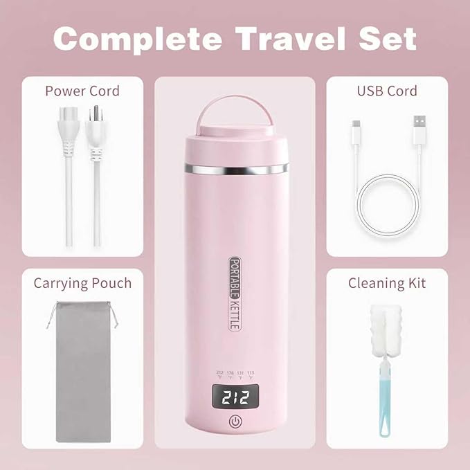 Portable Travel Electric Kettle with Plug-in Boiling & Keeps Warm via USB, 4 Temperature Settings, 304 Stainless Steel with Auto Shut-off, 16oz, Pink