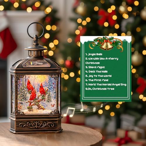 Christmas Snow Globe Lantern 3 Cardinal Perched on a Branch Musical Snow Globe with Swirling Glitter, Christmas Holiday Party Gifts and Decorations