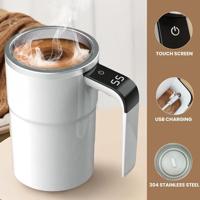 Rechargeable Automatic Magnetic Stirring Mug with Temperature Display, Self Stirring Coffee Cup for Home Office Travel, White with Detachable Stir Bar (White)