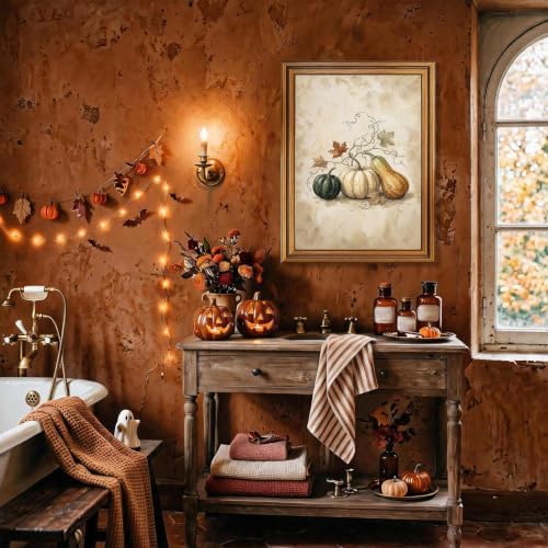 Halloween Pumpkin Wall Art, Gold Vintage Framed Rustic Fall Poster