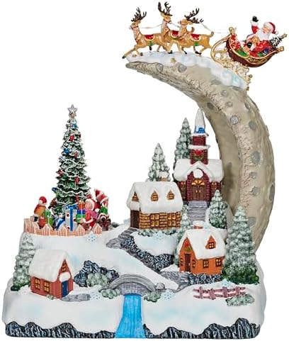 Roman LED Musical Santa Over Moon Village, 11.7" Amusments, Rotating Kids Scene, Lighted Christmas Village Décor, USB or Battery Operated