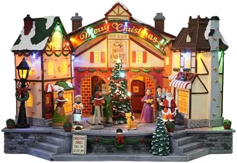 Christmas Village House Decoration, Colourful LED Lights Light Up Buildings, with Rotating Scene, Multi-Color LED Lights, Christmas Cinema Scence, Music Rendering Atmosphere